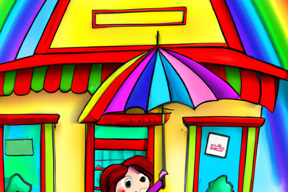 Children's storybook illustration of Ashton with her Hello Kitty umbrella outside Hebburn library