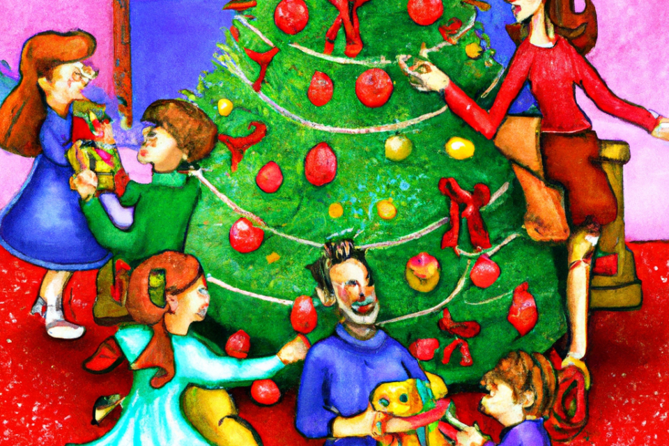 Children's Storybook Illustration of a Joyful Family Celebrating Christmas