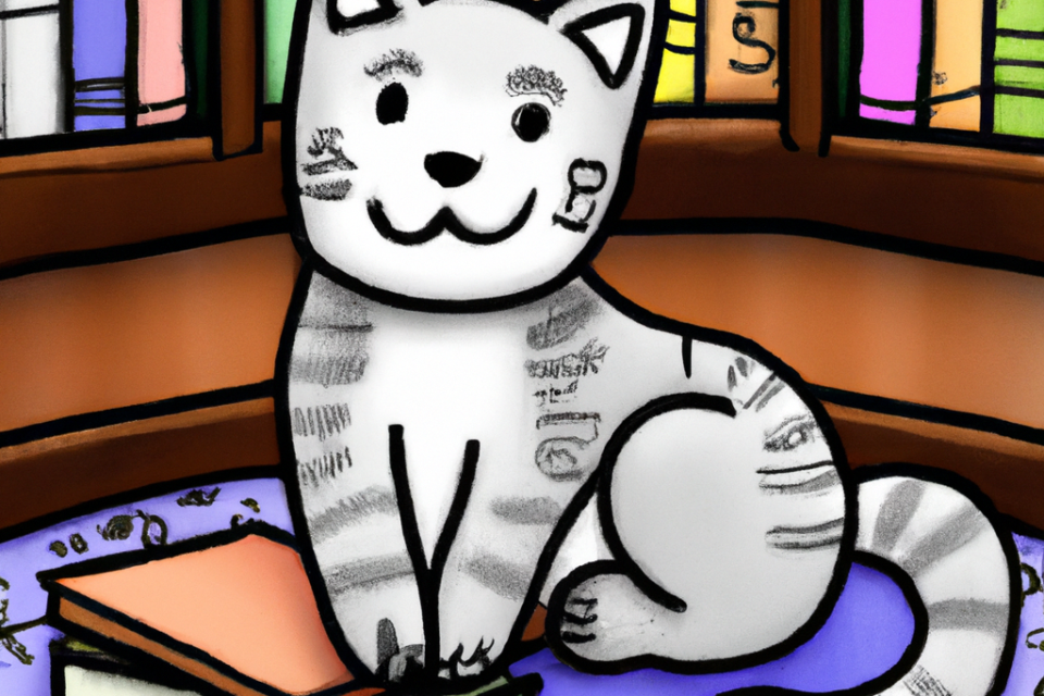 Illustration of Dewey the Library cat, sitting on a mat behind a bookshelf, surrounded by books