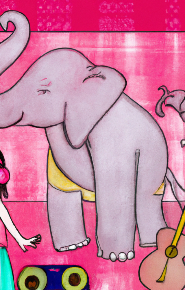 A fun, children's storybook illustration of a girl in a vibrant and whimsical world filled with pink colours, Elephants, clothes and music.