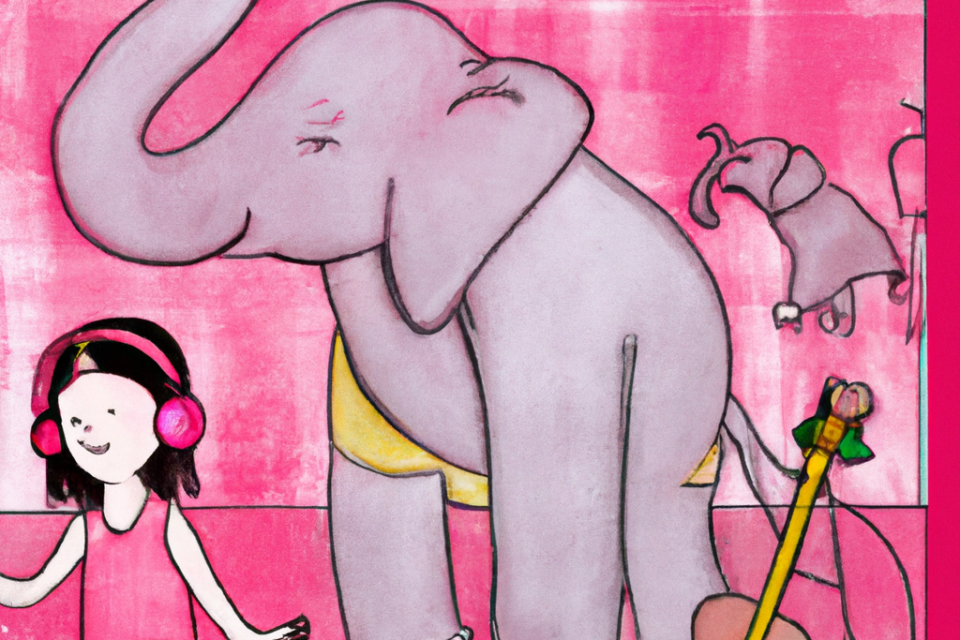 A fun, children's storybook illustration of a girl in a vibrant and whimsical world filled with pink colours, Elephants, clothes and music.