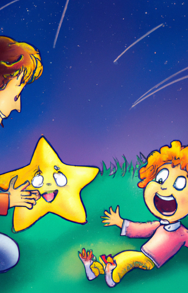 Illustration of Little Star and the little dude in a joyous and colorful encounter from a children's storybook