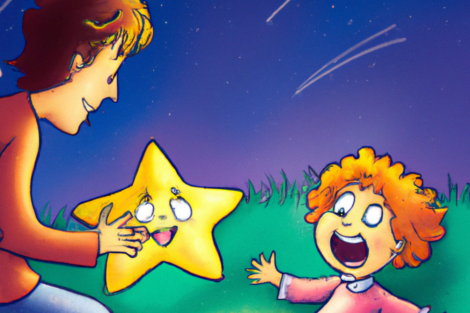 Illustration of Little Star and the little dude in a joyous and colorful encounter from a children's storybook