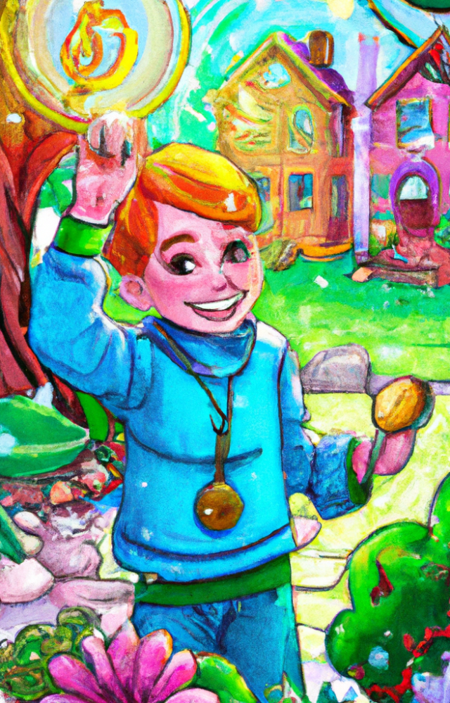 Children's storybook illustration of a boy holding a shiny pebble in a magical garden with frozen family members and objects.
