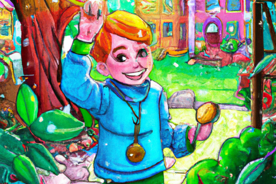 Children's storybook illustration of a boy holding a shiny pebble in a magical garden with frozen family members and objects.