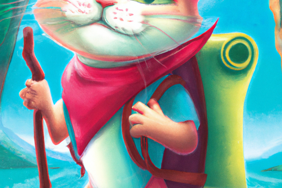 An adorable cat with a mischievous smile embarks on exciting adventures in a whimsical storybook illustration.