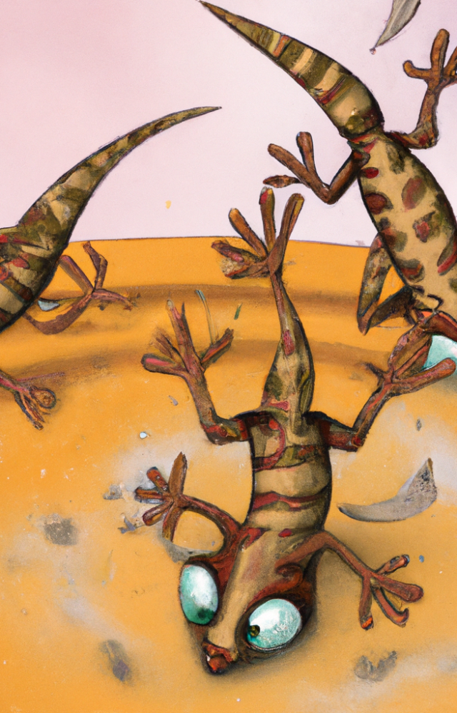 playful geckos falling into a stinky mud bath in a fun storybook style