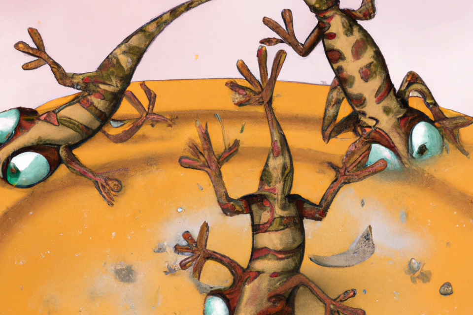 playful geckos falling into a stinky mud bath in a fun storybook style