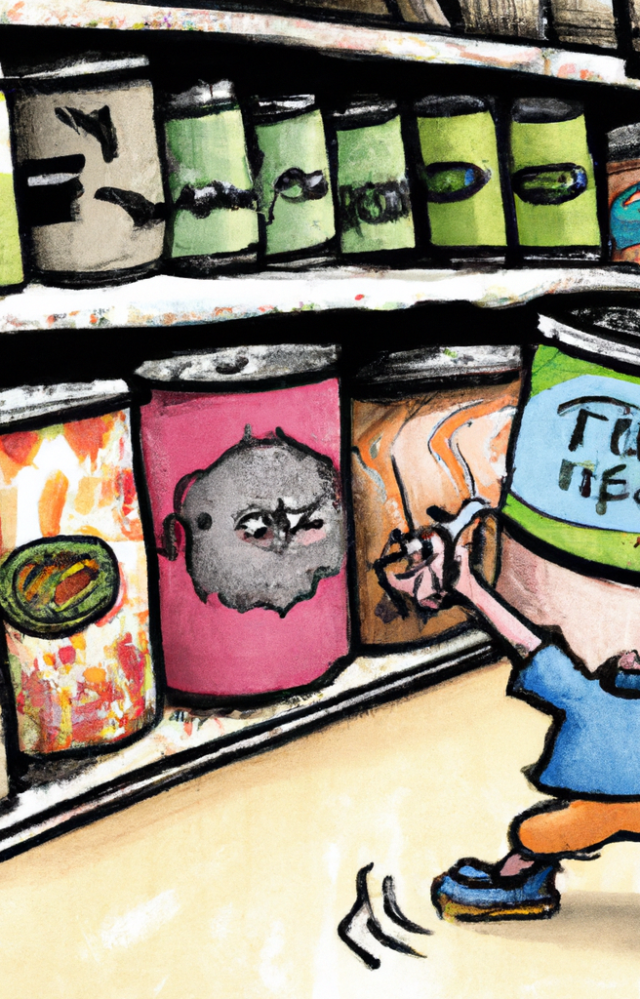 Tim the can and children in a lively storybook illustration at the grocery store