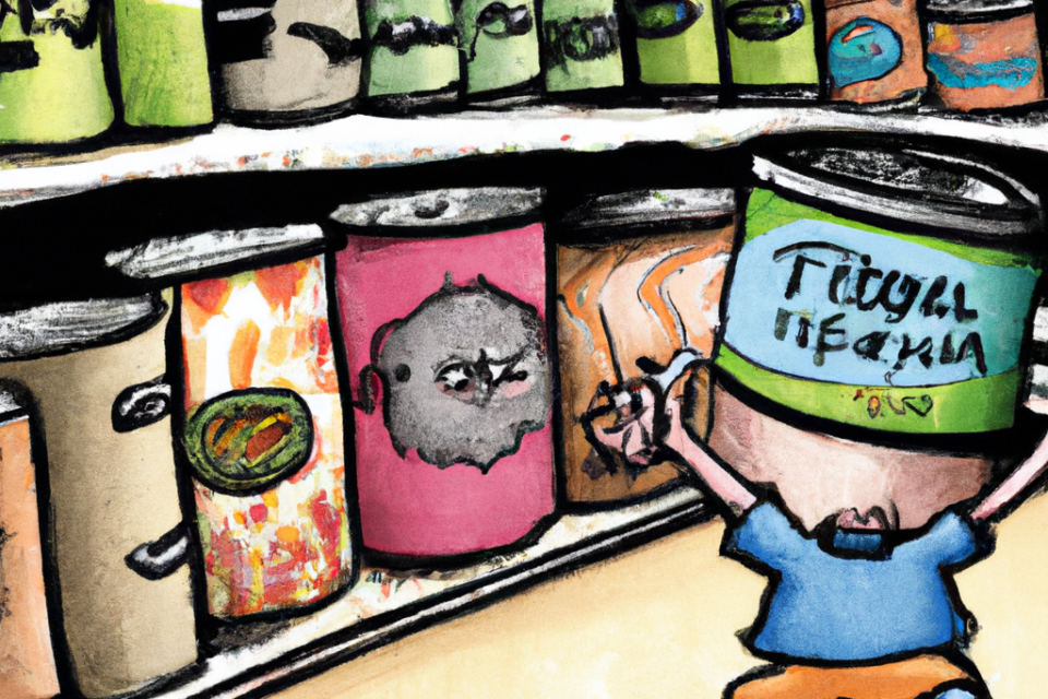 Tim the can and children in a lively storybook illustration at the grocery store