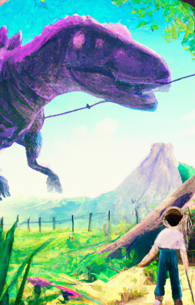 Children's storybook illustration of a young explorer facing a towering dinosaur in a vibrant prehistoric world