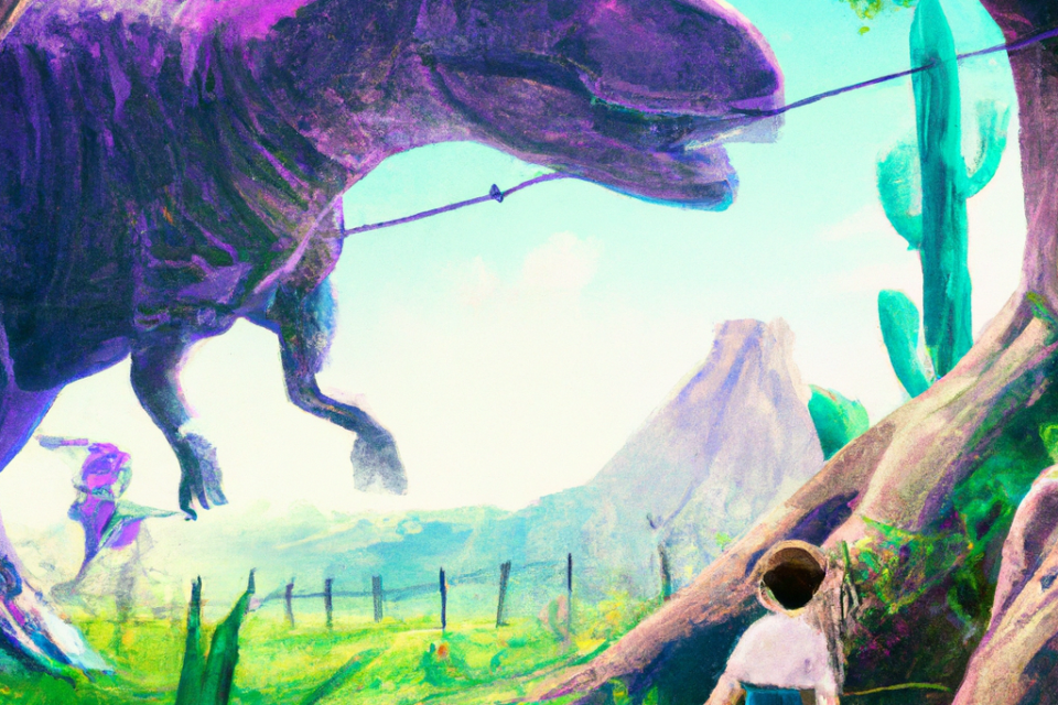 Children's storybook illustration of a young explorer facing a towering dinosaur in a vibrant prehistoric world