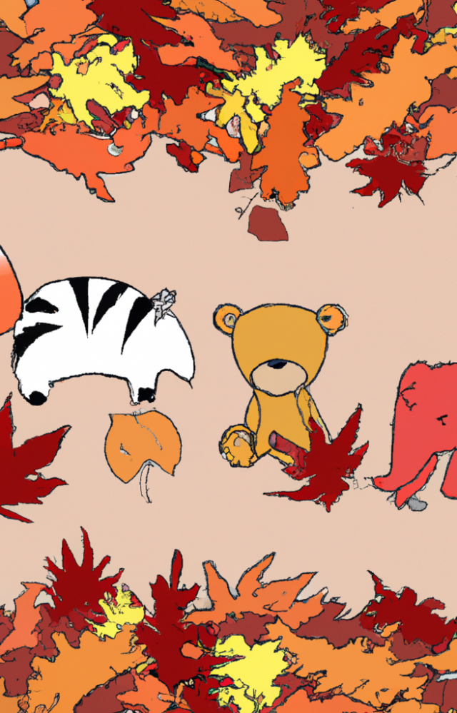 Animals surrounded by falling leaves, capturing the essence of autumn in a whimsical illustration.