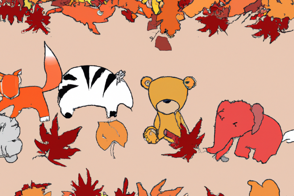 Animals surrounded by falling leaves, capturing the essence of autumn in a whimsical illustration.